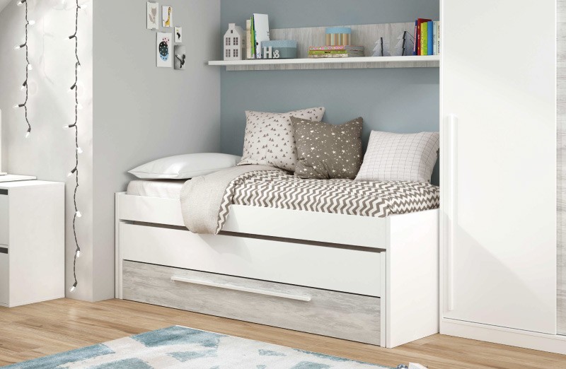 Dormitorio juvenil completo Elliot (cama nido con somieres  +armario+escritorio) de color blanco
