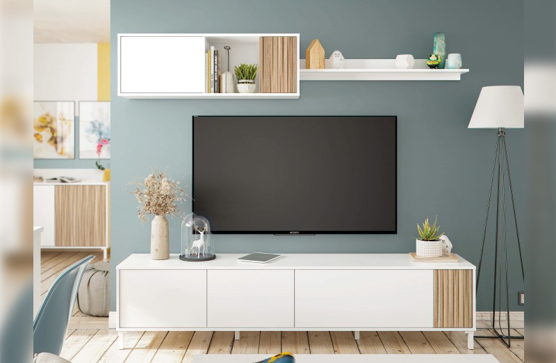Comprar Mueble de salón blanco por módulos: Mueble Tv + Armario alto +  Estantería + Vitrina .